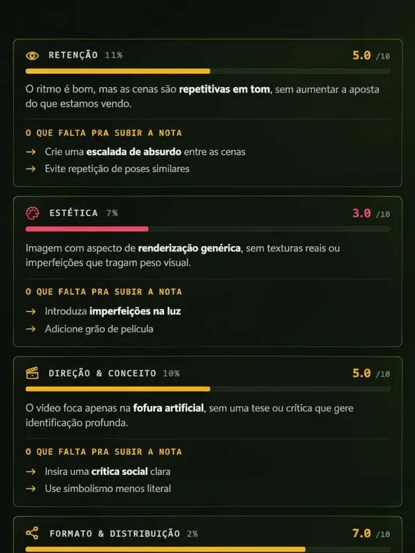 Critérios da análise com o que falta para subir a nota