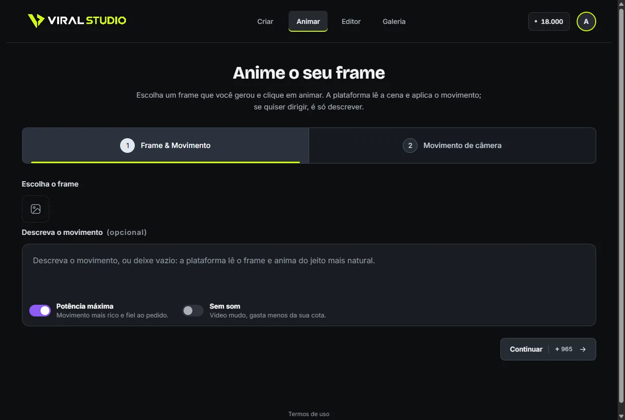 Tela Animar do Viral Studio
