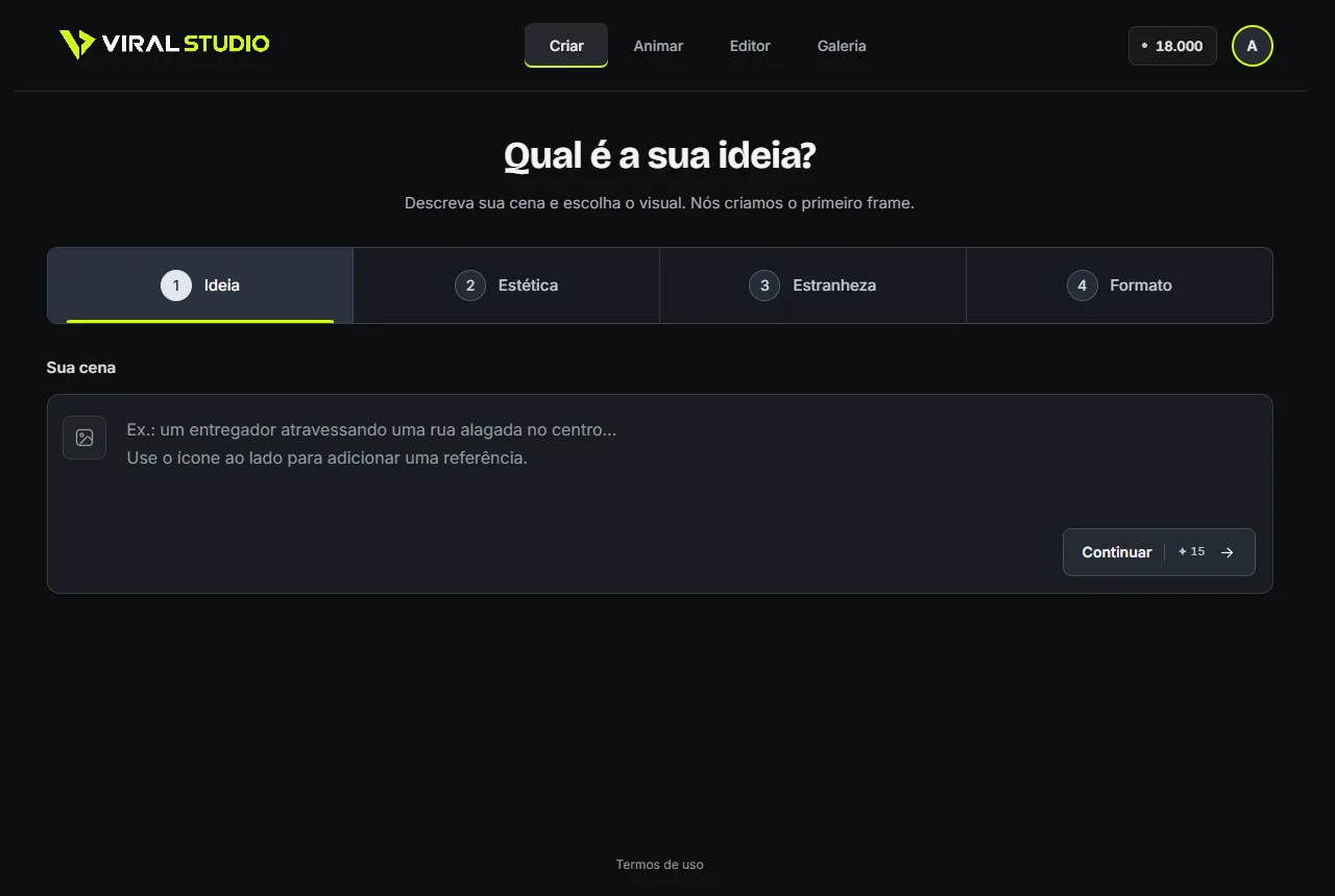 Tela Criar do Viral Studio: a ideia vira o primeiro frame