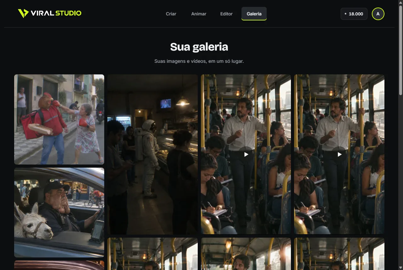 Galeria do Viral Studio com imagens e vídeos gerados
